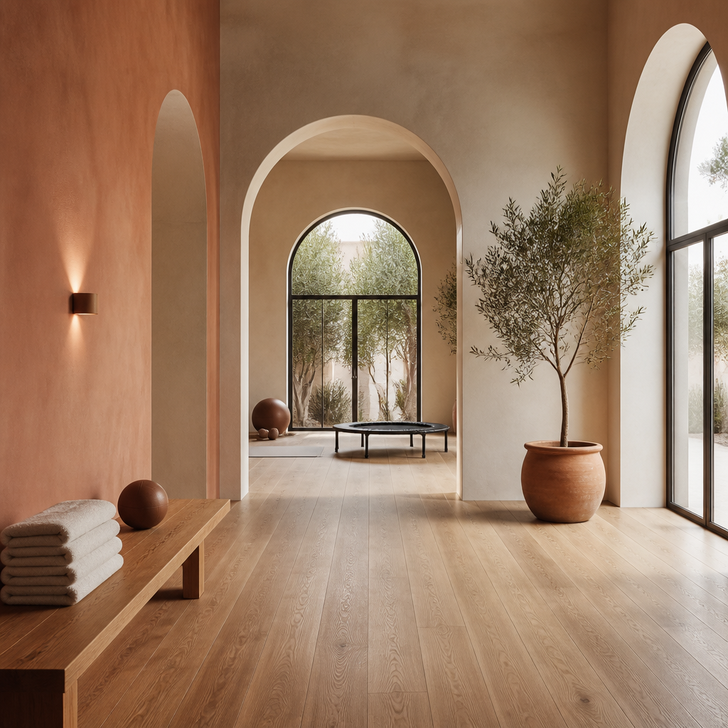 A bright airy studio with a row of mini trampolines lined up by tall windows