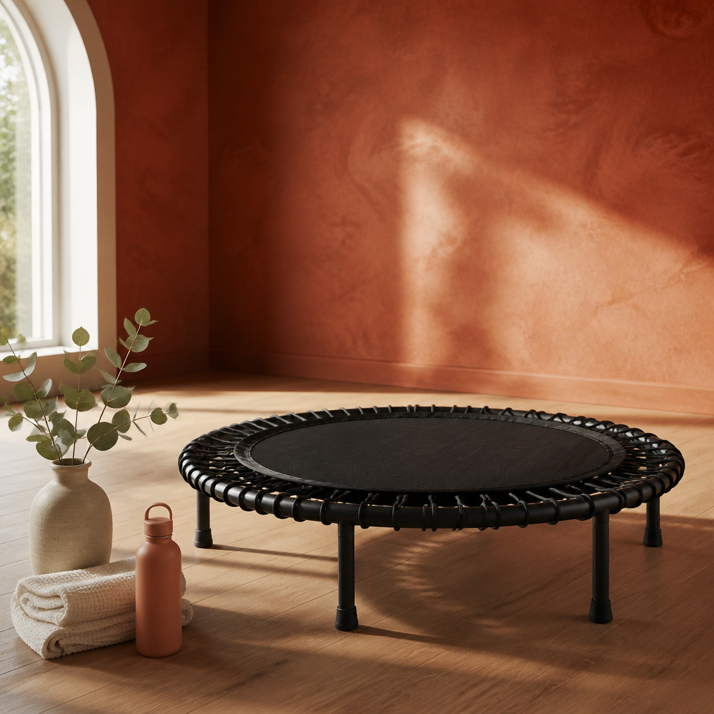 Pink fitness trampoline with sneakers, water bottle, and eucalyptus on a wood floor