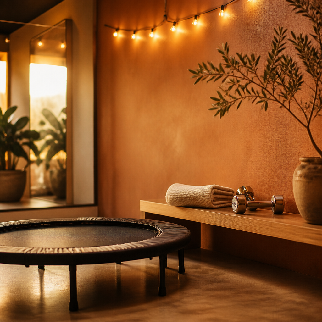 Cozy studio corner with a trampoline, towel, dumbbells, and string lights